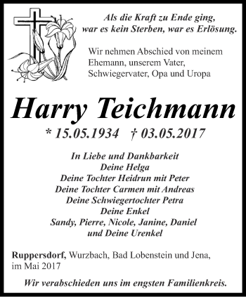 Traueranzeige von Harry Teichmann von Ostthüringer Zeitung