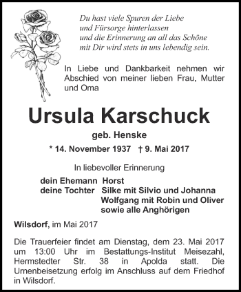 Traueranzeige von Ursula Karschuck von Ostthüringer Zeitung, Thüringische Landeszeitung