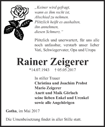Traueranzeige von Rainer Zeigerer von Ostthüringer Zeitung, Thüringische Landeszeitung