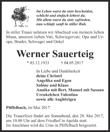 Traueranzeige von Werner Sauerteig von Thüringer Allgemeine, Thüringische Landeszeitung