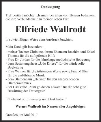 Traueranzeige von Elfriede Wallrodt von Thüringer Allgemeine