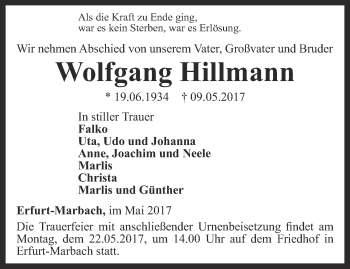 Traueranzeige von Wolfgang Hillmann von Thüringer Allgemeine