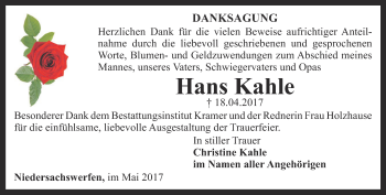 Traueranzeige von Hans Kahle von Thüringer Allgemeine