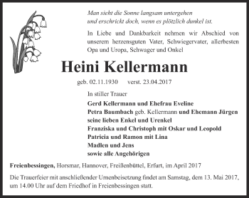 Traueranzeige von Heini Kellermann von Thüringer Allgemeine