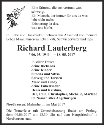 Traueranzeige von Richard Lauterberg von Thüringer Allgemeine