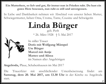 Traueranzeige von Linda Bürger von Thüringer Allgemeine