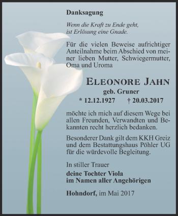 Traueranzeige von Eleonore Jahn von Ostthüringer Zeitung