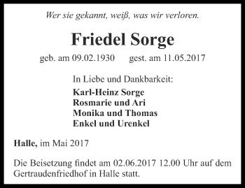 Traueranzeige von Friedel Sorge von Ostthüringer Zeitung