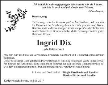 Traueranzeige von Ingrid Dix von Thüringer Allgemeine, Thüringische Landeszeitung