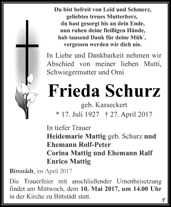 Traueranzeige von Frieda Schurz von Thüringer Allgemeine