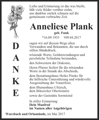 Traueranzeige von Anneliese Plank von Ostthüringer Zeitung