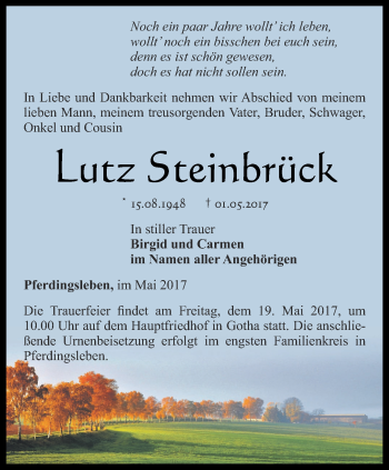 Traueranzeige von Lutz Steinbrück von Ostthüringer Zeitung, Thüringische Landeszeitung