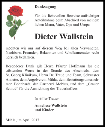 Traueranzeige von Dieter Wallstein von Thüringer Allgemeine, Thüringische Landeszeitung