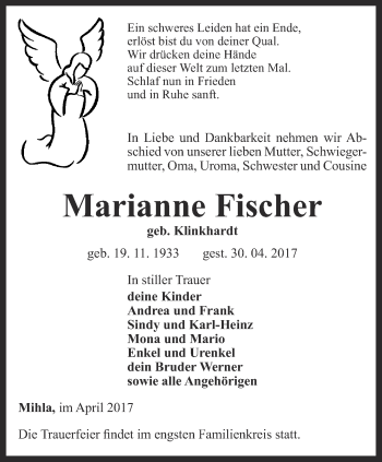 Traueranzeige von Marianne Fischer von Thüringer Allgemeine, Thüringische Landeszeitung