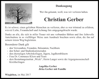 Traueranzeige von Christian Gerber von Thüringer Allgemeine, Thüringische Landeszeitung