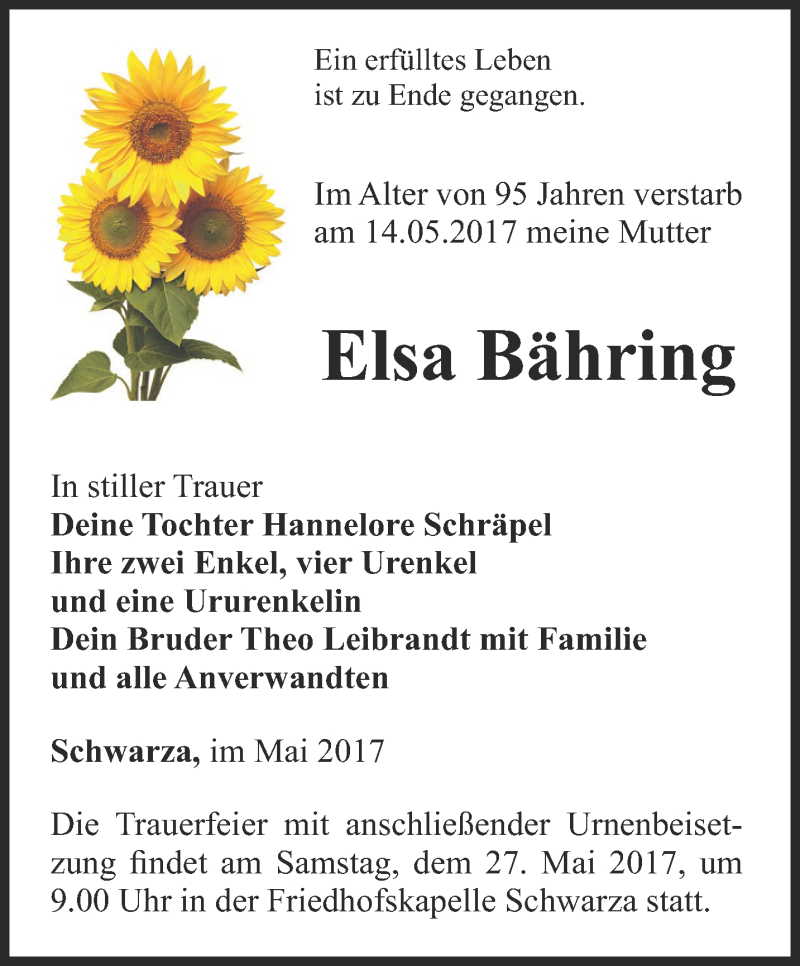  Traueranzeige für Elsa Bähring vom 20.05.2017 aus Ostthüringer Zeitung