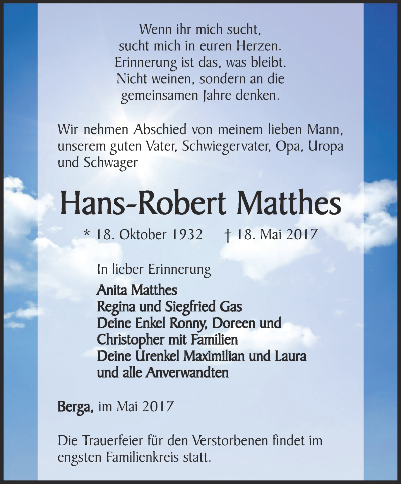  Traueranzeige für Hans-Robert Matthes vom 20.05.2017 aus Ostthüringer Zeitung