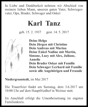 Traueranzeige von Karl Tanz von Thüringer Allgemeine, Thüringische Landeszeitung