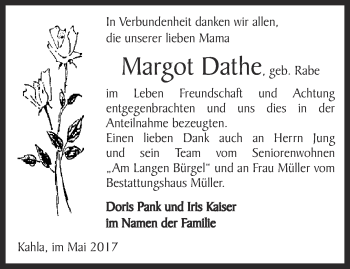 Traueranzeige von Margot Dathe von Ostthüringer Zeitung, Thüringische Landeszeitung