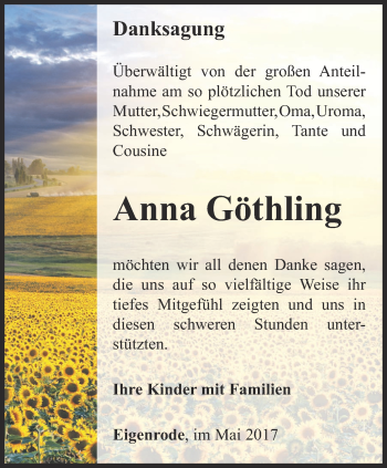 Traueranzeige von Anna Göthling von Thüringer Allgemeine, Thüringische Landeszeitung