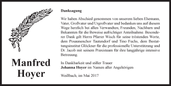 Traueranzeige von Manfred Hoyer von Ostthüringer Zeitung