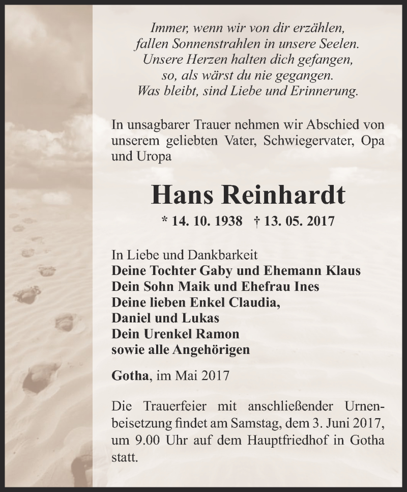  Traueranzeige für Hans Reinhardt vom 27.05.2017 aus Ostthüringer Zeitung, Thüringische Landeszeitung