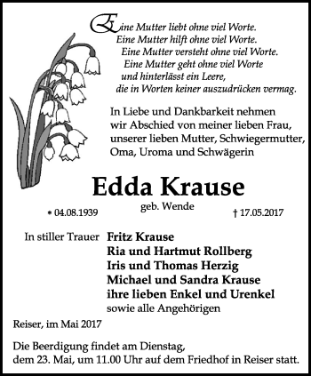 Traueranzeige von Edda Krause von Thüringer Allgemeine, Thüringische Landeszeitung