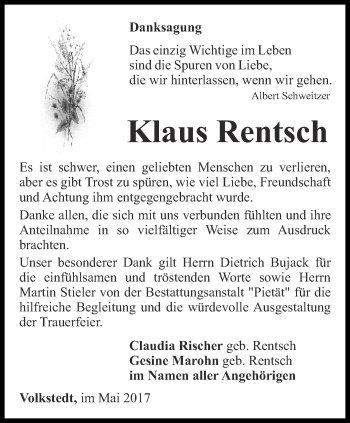 Traueranzeige von Klaus Rentsch von Ostthüringer Zeitung