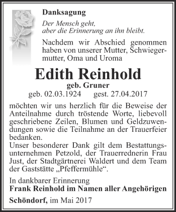 Traueranzeige von Edith Reinhold von Ostthüringer Zeitung