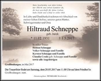 Traueranzeige von Hiltraud Schneppe von Thüringer Allgemeine