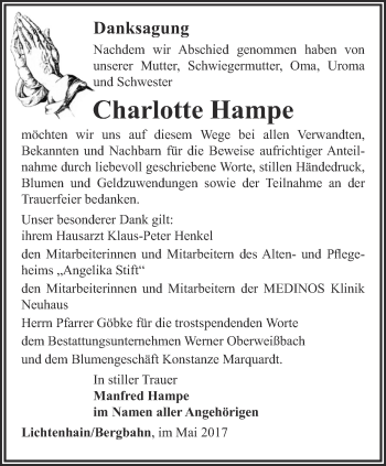 Traueranzeige von Charlotte Hampe von Ostthüringer Zeitung