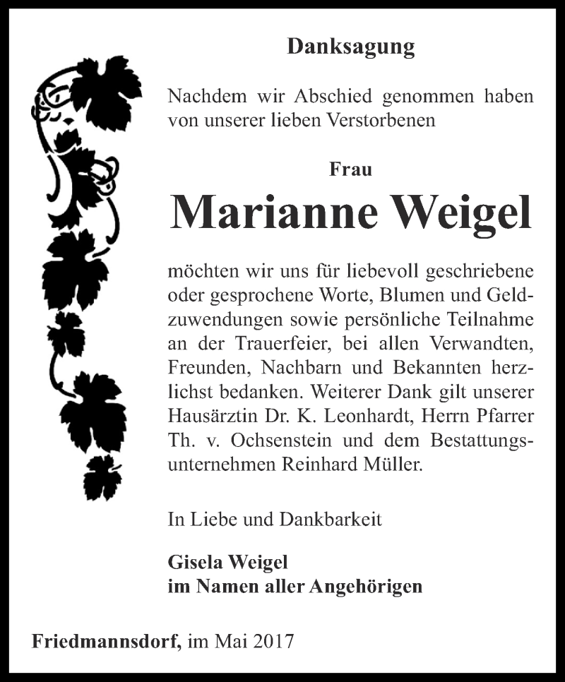Traueranzeigen von Marianne Weigel | trauer-in-thueringen.de