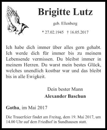 Traueranzeige von Brigitte Lutz von Ostthüringer Zeitung, Thüringische Landeszeitung