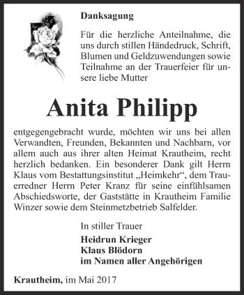 Traueranzeige von Anita Philipp von Thüringer Allgemeine, Thüringische Landeszeitung
