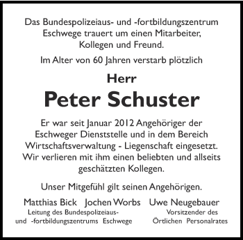 Traueranzeige von Peter Schuster von Thüringer Allgemeine, Thüringische Landeszeitung