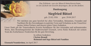 Traueranzeige von Siegfried Bätzel von Thüringer Allgemeine, Thüringische Landeszeitung