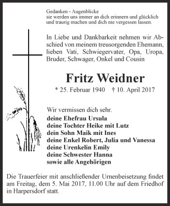 Traueranzeige von Fritz Weidner von Ostthüringer Zeitung