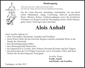 Traueranzeige von Alois Anhalt von Thüringer Allgemeine, Thüringische Landeszeitung