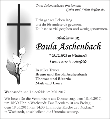 Traueranzeige von Paula Aschenbach von Thüringer Allgemeine