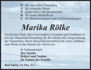 Traueranzeige von Marika Rölke von Thüringer Allgemeine, Thüringische Landeszeitung