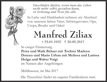 Traueranzeige von Manfred Ziliax von Thüringer Allgemeine, Thüringische Landeszeitung