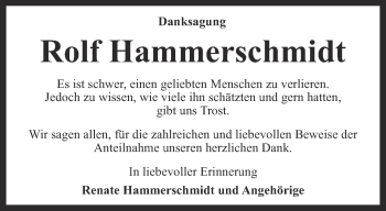Traueranzeige von Rolf Hammerschmidt von Ostthüringer Zeitung, Thüringische Landeszeitung