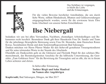 Traueranzeige von Ilse Niebergall von Thüringer Allgemeine, Thüringische Landeszeitung