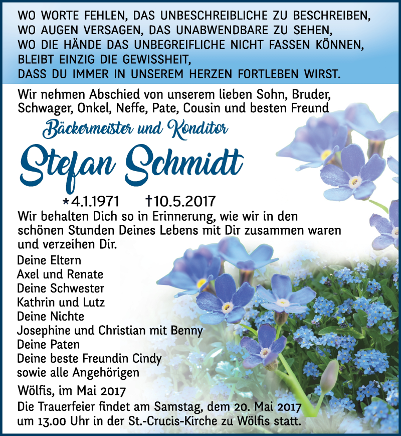  Traueranzeige für Stefan Schmidt vom 17.05.2017 aus Ostthüringer Zeitung, Thüringische Landeszeitung