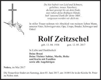 Traueranzeige von Rolf Zeitzschel von Thüringer Allgemeine, Thüringische Landeszeitung