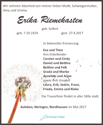 Traueranzeige von Erika Riemekasten von Thüringer Allgemeine