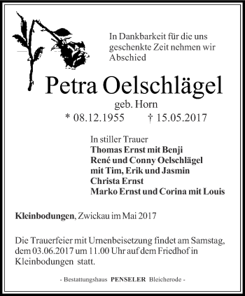 Traueranzeige von Petra Oelschlägel von Thüringer Allgemeine