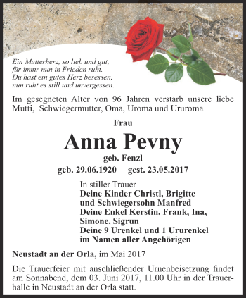 Traueranzeige von Anna Pevny von Ostthüringer Zeitung