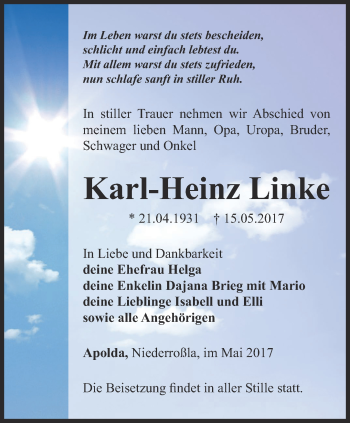 Traueranzeige von Karl-Heinz Linke von Thüringer Allgemeine, Thüringische Landeszeitung