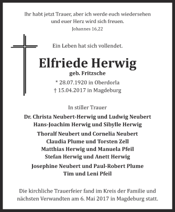 Traueranzeige von Elfriede Herwig von Thüringer Allgemeine, Thüringische Landeszeitung